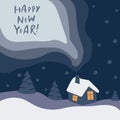 Happy new year postcard. Winter cartoon landscape with house and smoke from the chimney Royalty Free Stock Photo