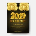 Happy new year poster background template with 3d gold number and dark gold helium balloon background. vector illustration