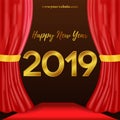 Happy new year poster background template with 3d gold number and red curtain. vector illustration