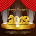 Happy new year poster background template with 3d gold number and red curtain. vector illustration