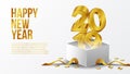 Happy new year poster background template with 3d gold number with open white box. vector illustration