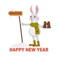 Happy New Year poster with bunny searching North Pole Royalty Free Stock Photo