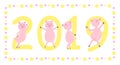 Happy New Year 2019 poster with cute dancing piglets. vector illustration