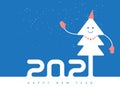 Happy New Year 2021. Poster Design with dressy smiling Christmas tree. Holiday background. The tree is dressed in mittens, a cap Royalty Free Stock Photo