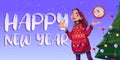 Happy New Year poster with girl and Christmas tree
