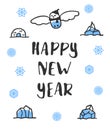 Happy new year poster with lettering. Funny doodle snowy owl Royalty Free Stock Photo