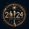 Happy New Year 2024 poster line design loading sparkle firework open champagne golden