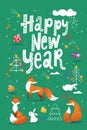 Happy New Year poster in Nordic Scandinavian hand drawn style with cute foxes Royalty Free Stock Photo