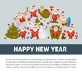 Happy New Year 2018 poster with Santa Clauses in traditional costume, sport suit and swimming trunks, snowman in hat Royalty Free Stock Photo