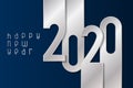 Happy New Year 2020 poster with silver numbers. Vector illustration on blue background