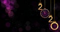 2020 Happy New Year purple background with bokeh effect, hanging golden numbers, ribbon bows and vintage clock. Royalty Free Stock Photo