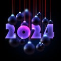 Happy new year 2024 purple glossy lettering on abstract banner with dark realistic Christmas balls Royalty Free Stock Photo