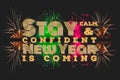 Happy new year quotes, multicolor fireworks explosion on dark or black background