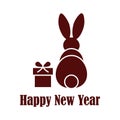 Rabbit with gift box Bunny with present Happy New Year minimalist greeting card