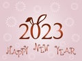 Happy New Year 2023 with rabbit ears, vector illustration bright on light pink background, text Happy New Year and fireworks