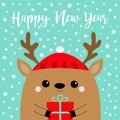 Happy New Year. Raindeer deer head face holding gift box. Red hat, nose, horns. Merry Christmas. Cute cartoon kawaii baby Royalty Free Stock Photo