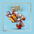 Happy New year. Rat. 2020. Mouse in Santa red hat with gift box. Happy New year greeting card. Merry Christmas golden Royalty Free Stock Photo
