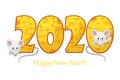 Happy New Year 2020, year of the rat. Textured text 2020 with cheese effect and cartoon rats. Isolated on white Royalty Free Stock Photo
