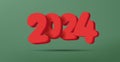 Happy New Year 2023. Realistic 3d composition of big red numbers on green backdrop, rounded render soft illustration