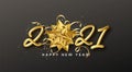 Happy New Year Realistic gold inscription 2021 with gift golden bow and gold tinsel on a black background. Vector