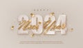 Happy New Year 2024. Realistic gold lettering New Year on Pastel number 2024. Royalty Free Stock Photo