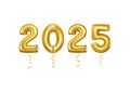 Happy new year 2025, realistic golden foil number balloons with serpentine.