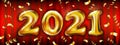 2020 happy New Year red background with golden ribbon and confetti. Christmas decoration with glowing gold number. Vector winter Royalty Free Stock Photo