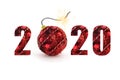 Happy new year 2020. Red bomb ready to go off with golden sparkles on white background. New Year concept