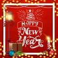 Happy New Year, red greeting card with beautiful lettering, pole lantern, gift, Christmas tree branch with a cone.