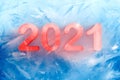 2021 happy new year red ice text on blue frozen background, 3d render