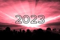 Happy new year 2023 red laser show party people crowd Royalty Free Stock Photo