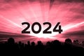 Happy new year 2024 red laser show party people crowd Royalty Free Stock Photo