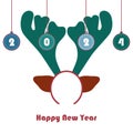 Happy New Year 2024 card with horned reindeer headband on white background vector illustration Royalty Free Stock Photo