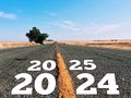 Happy New Year 2024 , 2025 Resolution Highway Road Concept Greeting.