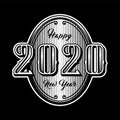 Happy new year 2020. Retro style emblem on a dark background. Vector illustration.