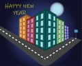 Happy new year with full moon, fireworks and text. Royalty Free Stock Photo