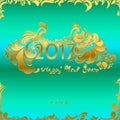 Happy New Year 2017 roosters gold on a blue background Royalty Free Stock Photo