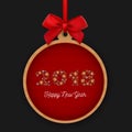 Happy New Year 2018 round banner with red ribbon and bow. Number 2018 made of snowflakes on a red background. Vector Royalty Free Stock Photo
