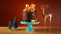 Happy New Year's Eve 2022 chocolate cake decorated with gold burning candles Royalty Free Stock Photo
