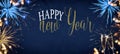 HAPPY NEW YEAR 2023 / New Year`s Eve Holiday Event Party Firework - Festive silvester background panorama banner - Golden blue Royalty Free Stock Photo