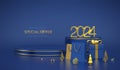 Happy New 2024 Year SALE banner. Scene and 3D round platforms on blue background. Golden metallic numbers 2024. Pedestal with gift Royalty Free Stock Photo