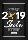 Happy new year sale 2019. Black gift box with a gold ribbon and bow on a black background. Golden confetti with serpentine. Callig Royalty Free Stock Photo