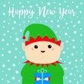 Happy New Year. Santa Claus Elf face holding gift box. Green hat. Merry Christmas. Cute cartoon funny kawaii baby character. Royalty Free Stock Photo