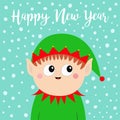 Happy New Year. Santa Claus Elf head face icon. Green hat. Merry Christmas. Cute cartoon funny kawaii baby character. Flat design Royalty Free Stock Photo