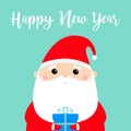 Happy New Year. Santa Claus holding gift box. Funny face head. Candy cane. Merry Christmas. Red hat. Moustaches, beard. Cute Royalty Free Stock Photo