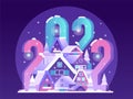 Happy 2022 New Year Scene with Snow Village