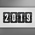 2019 Happy New Year Scoreboard. Grey black and white vector flip symbol on dotted background. Infographic sign Royalty Free Stock Photo