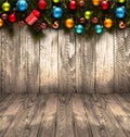 2017 Happy New Year seasonal background with real wood green pine, colorful Christmas baubles, gift boxe and other seasonal stuff Royalty Free Stock Photo