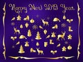 Happy new year 2019. Set of Christmas and New Year elements, hand drawn style -animals and other elements. Postcard Royalty Free Stock Photo