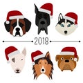2018. Happy New Year. Set of 6 dog`s head with santa claus cap. Flat design. Pets. Cute doggies. Cartoon character Royalty Free Stock Photo